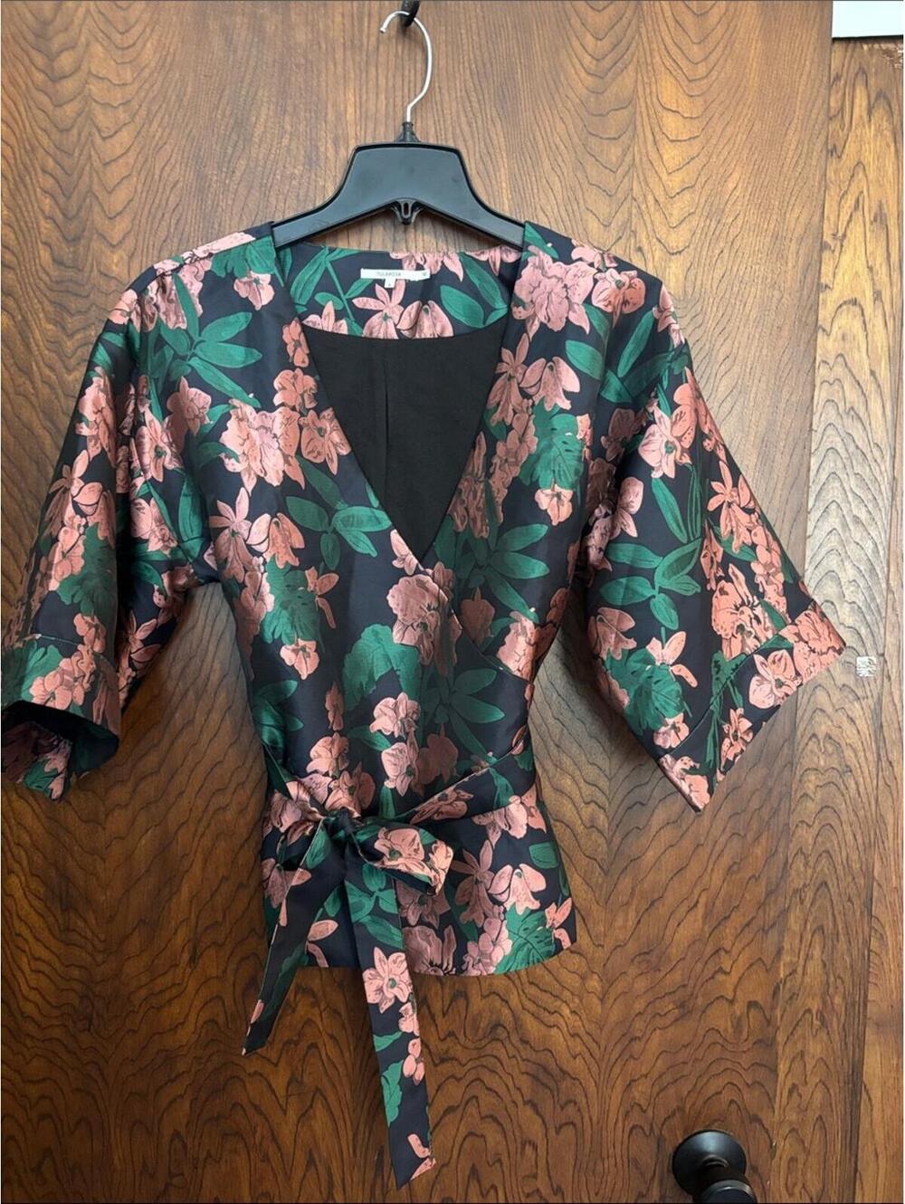 NWT Tularosa Black Floral Top with Pink Blossoms and Green Leaves